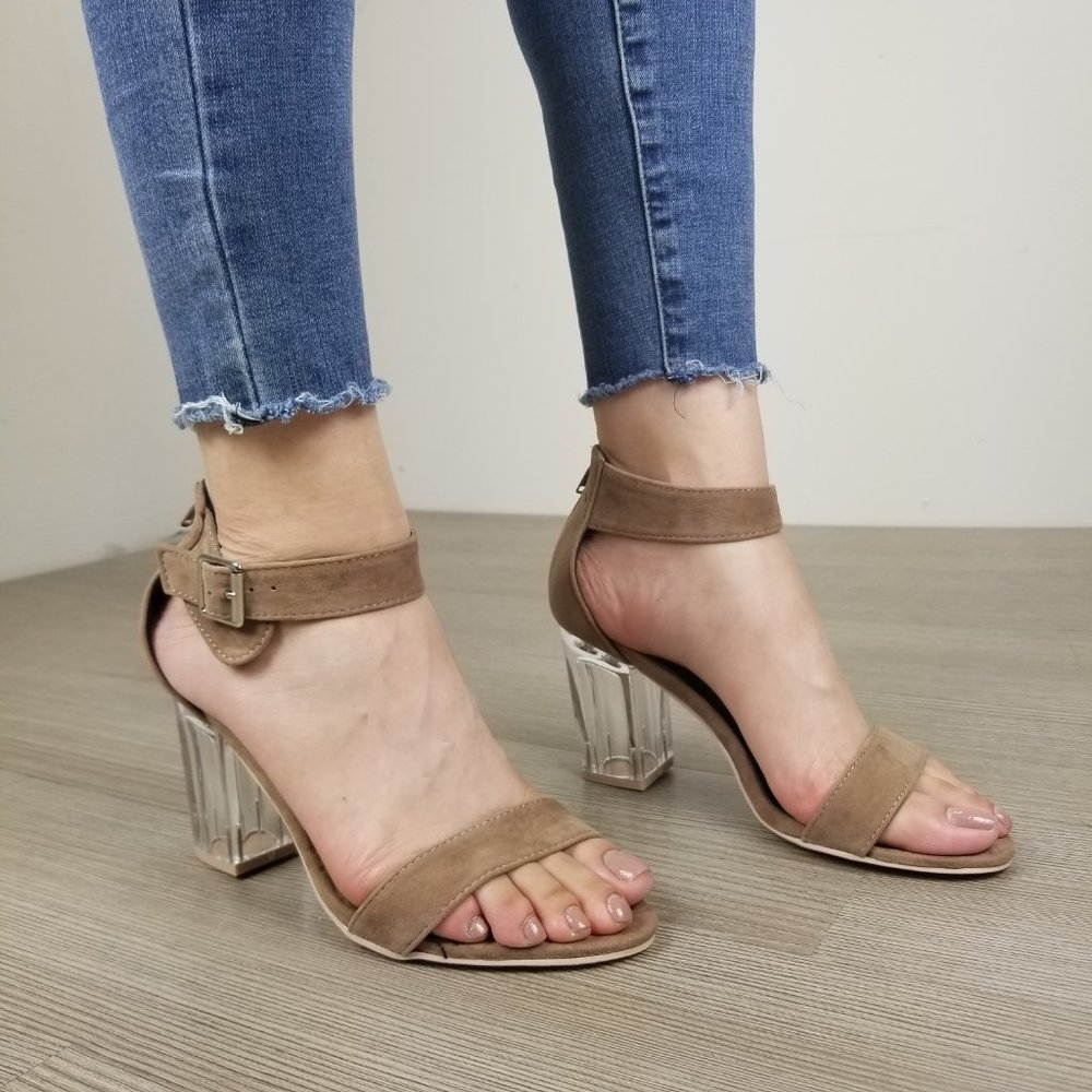 Lucite Clear Heel Tan Vegan Suede Heel Sandal - Picture 3 of 8